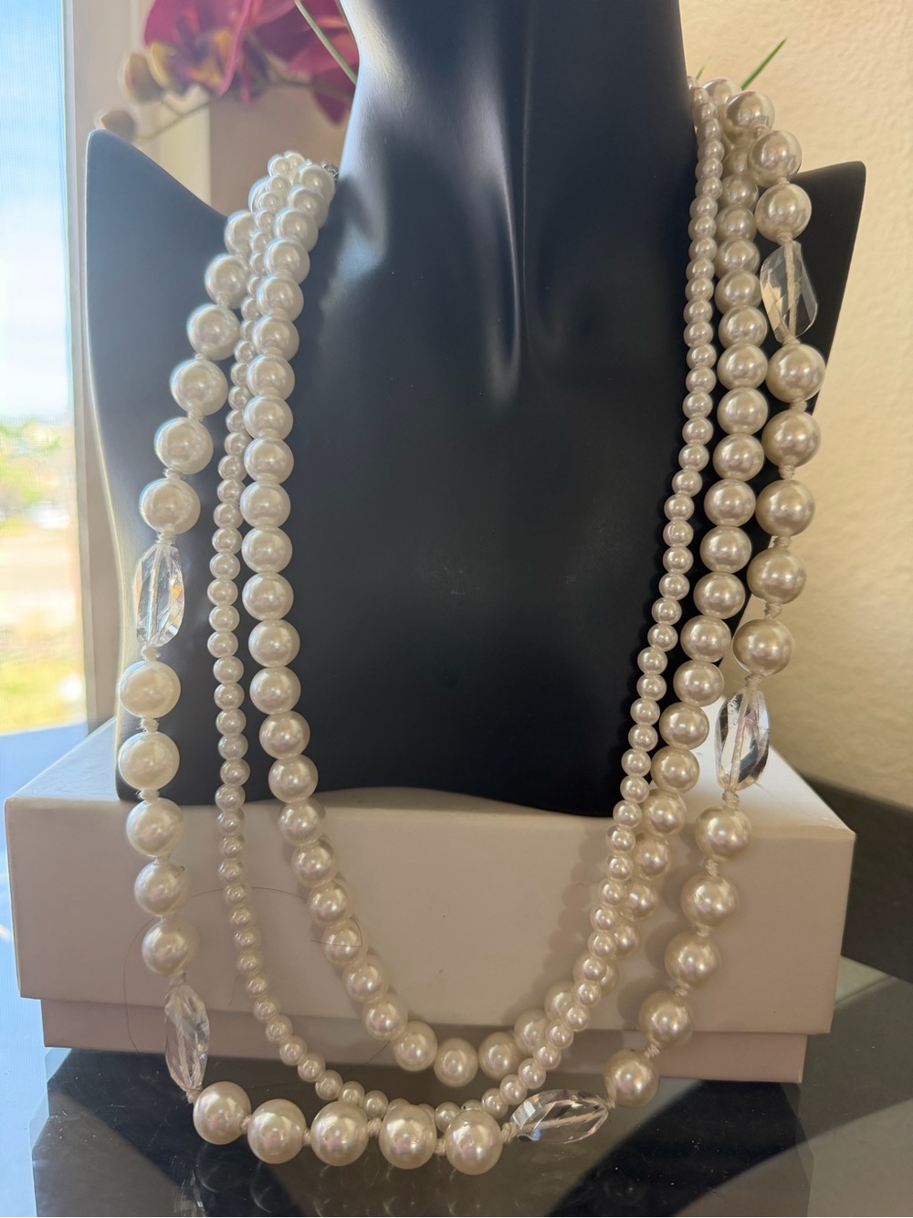 White House Black Market Layered imitation Pearl and Crystal Necklace - White